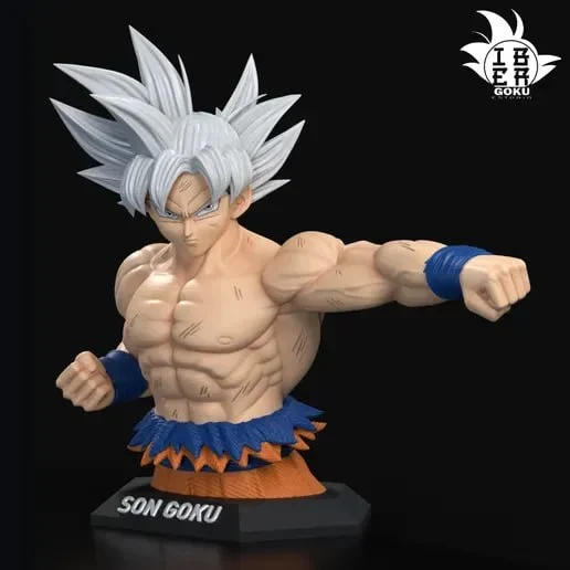 Goku Ultra Instinct bust with white hair, torn clothing, and raised fists