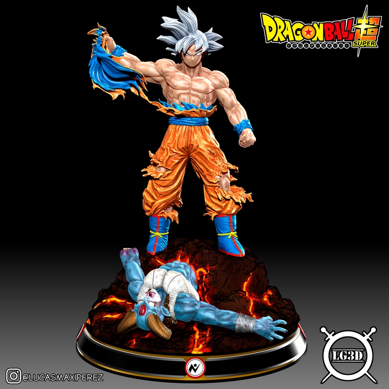 Goku Ultra Instinct standing over Moro on a cracked volcanic diorama base