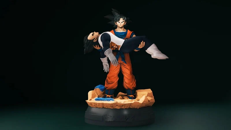 Goku carrying Vegeta on a rocky Namek base, Dragon Ball fan-art 3D figure