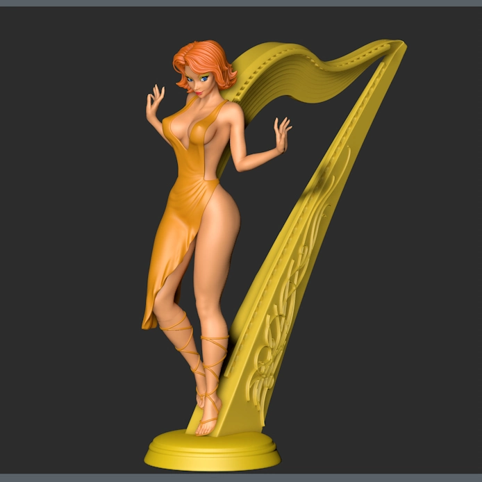 Fantasy woman standing beside an ornate golden harp on a sculpted display base