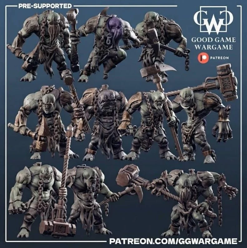 Fantasy wargame miniatures with chains, armor, axes, hammers, and clubs