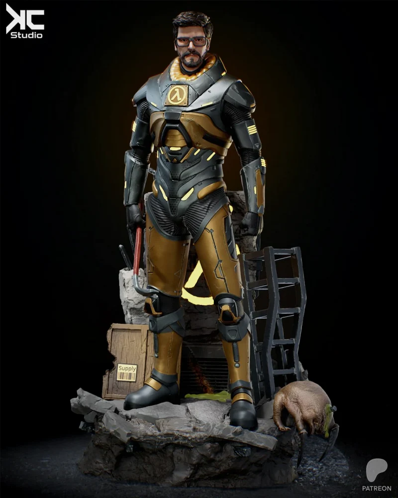 Gordon Freeman Half-Life figure in HEV armor with crowbar and headcrab base