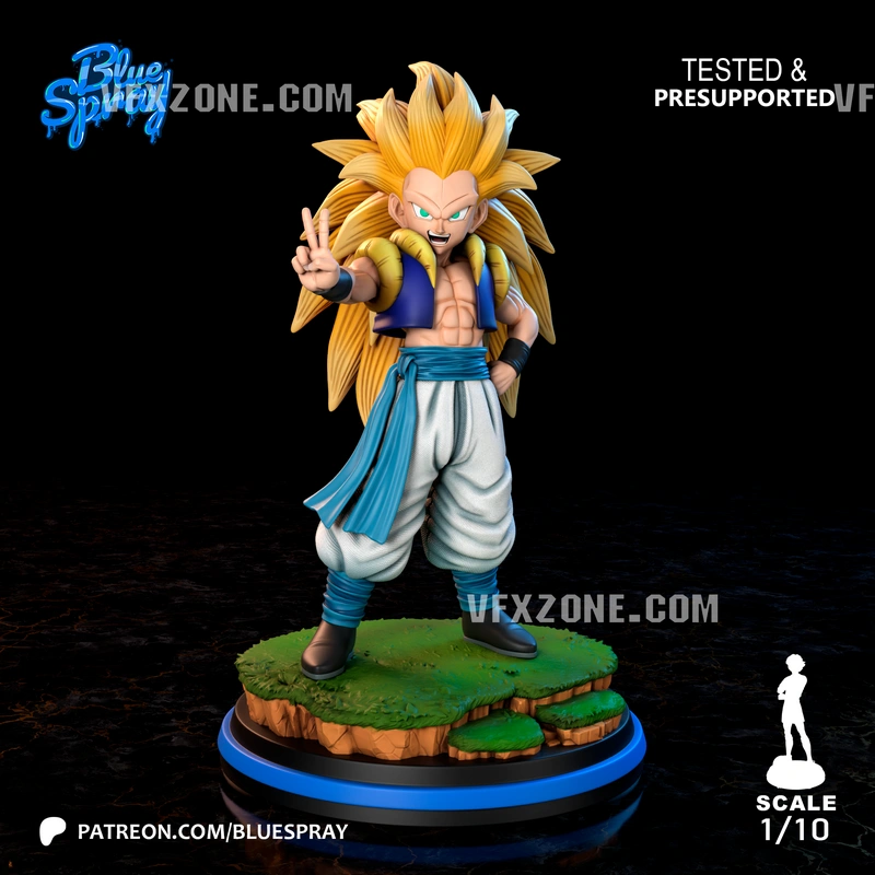 Gotenks SSJ3 Dragon Ball figure with long golden hair on a display base