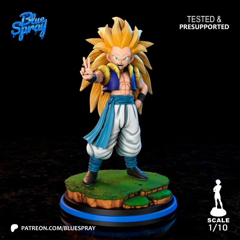 Gotenks SSJ3 figure with golden hair on a rocky display base