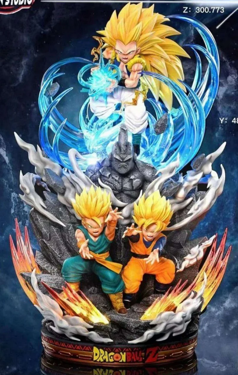 Gotenks Dragon Ball statue with blue energy effects and a rocky base