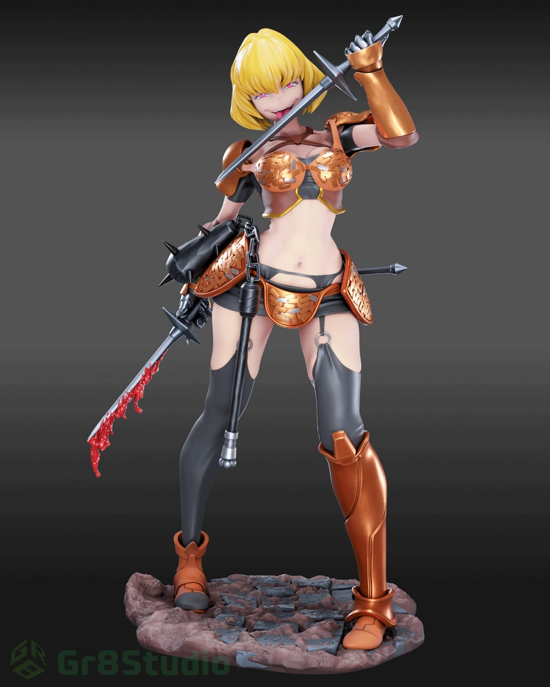 Clementine Overlord anime warrior figure with armor, weapons, and display base