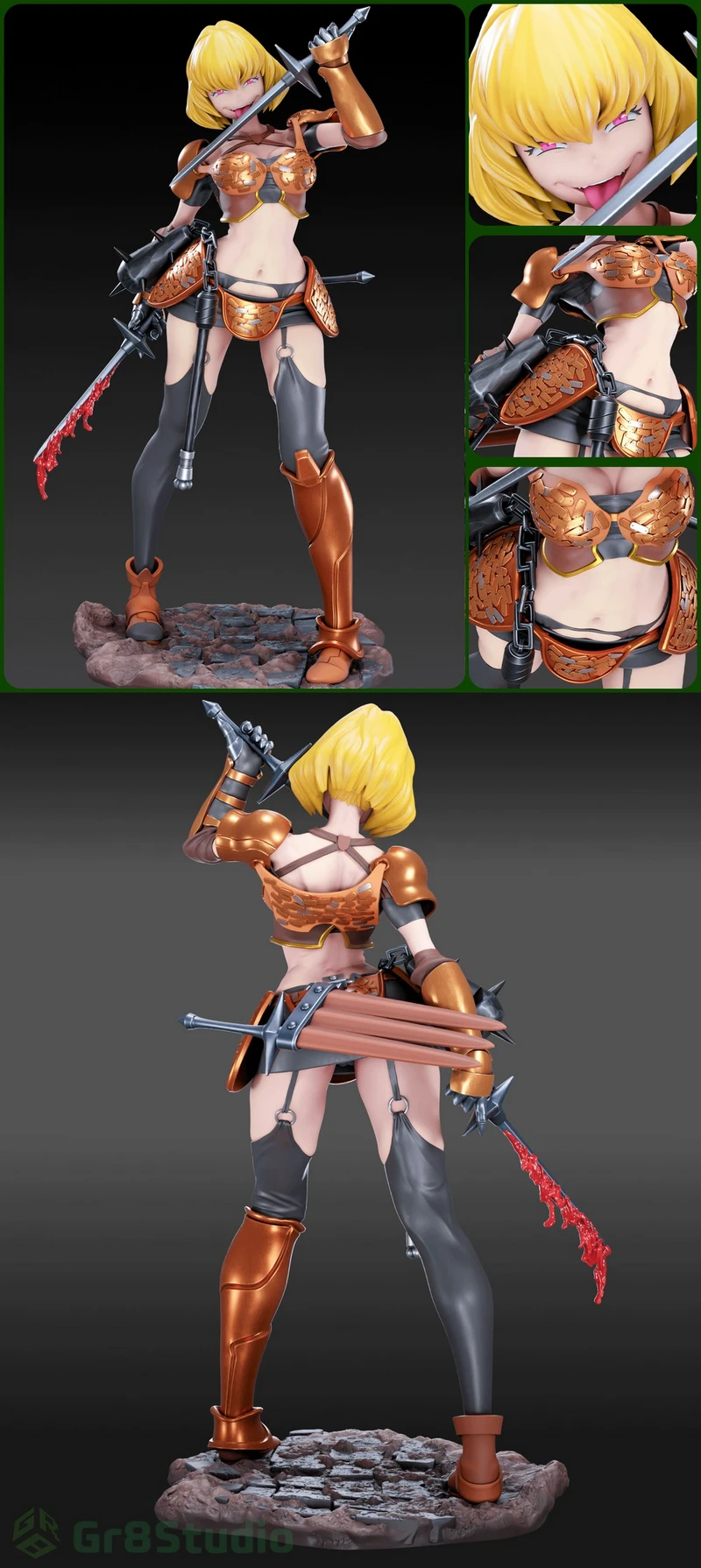 Clementine Overlord figure with copper armor, sword, and rocky base
