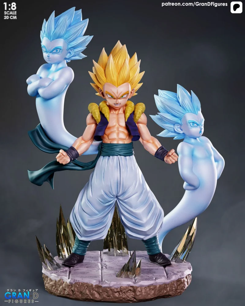 Gotenks Dragon Ball figure with golden hair, blue ghostlike companions, and rocky display base