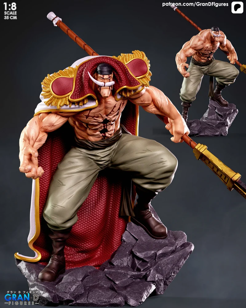 Whitebeard One Piece fan-art statue with bisento and ornate coat