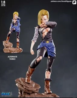 Android 18 Dragon Ball character figure with a rocky base