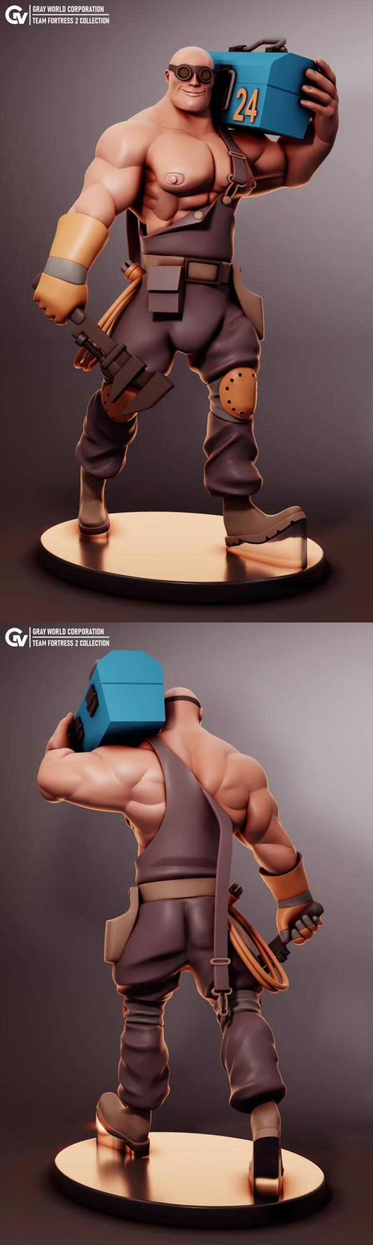Team Fortress 2 Engineer figure holding a blue toolbox on a round base