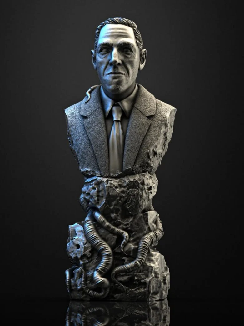 H. P. Lovecraft portrait bust in a suit on a rocky tentacle-covered base