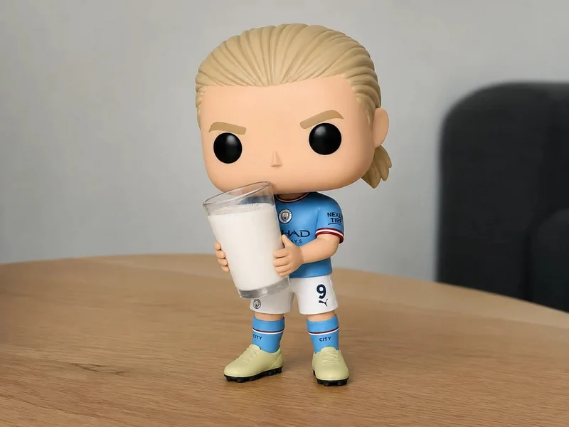Stylized Erling Haaland football figure holding a glass of milk
