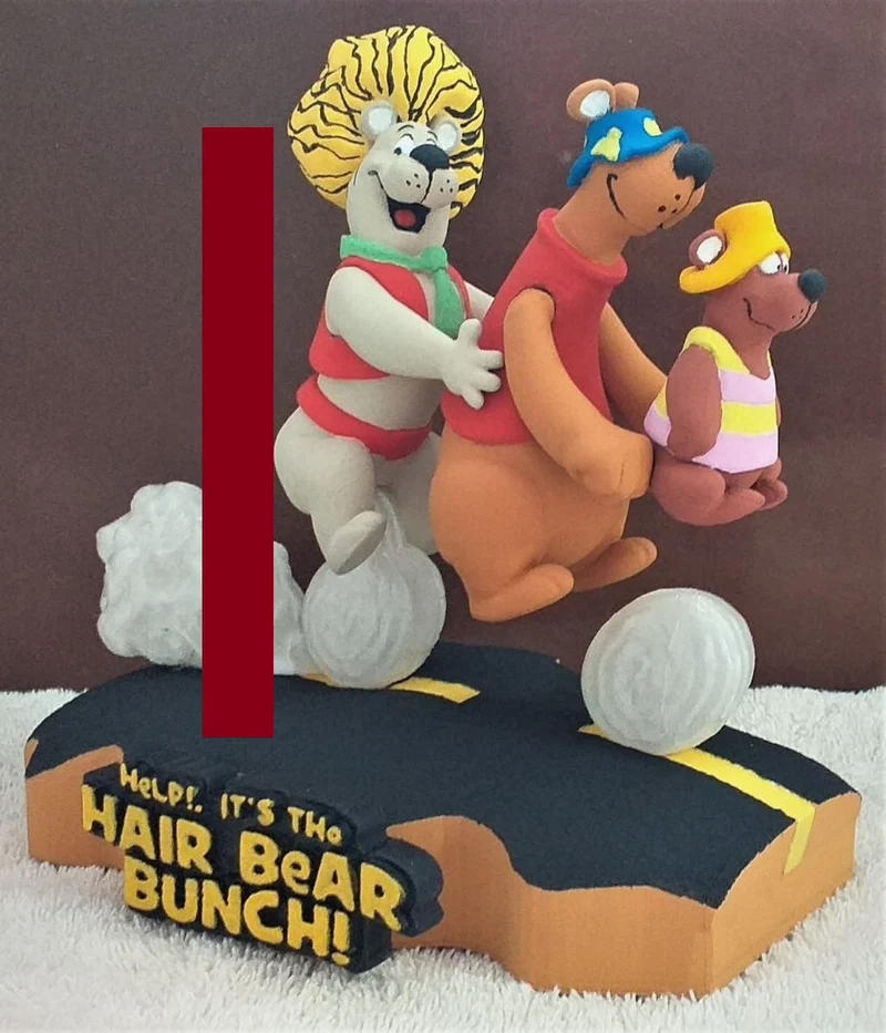 Hair Bear Bunch trio of cartoon bears posed on a themed display base