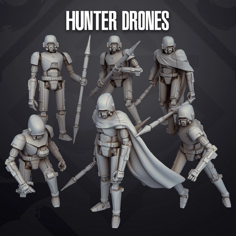 HK-87 Assassin Droids with armored bodies, weapons, and a cloaked figure