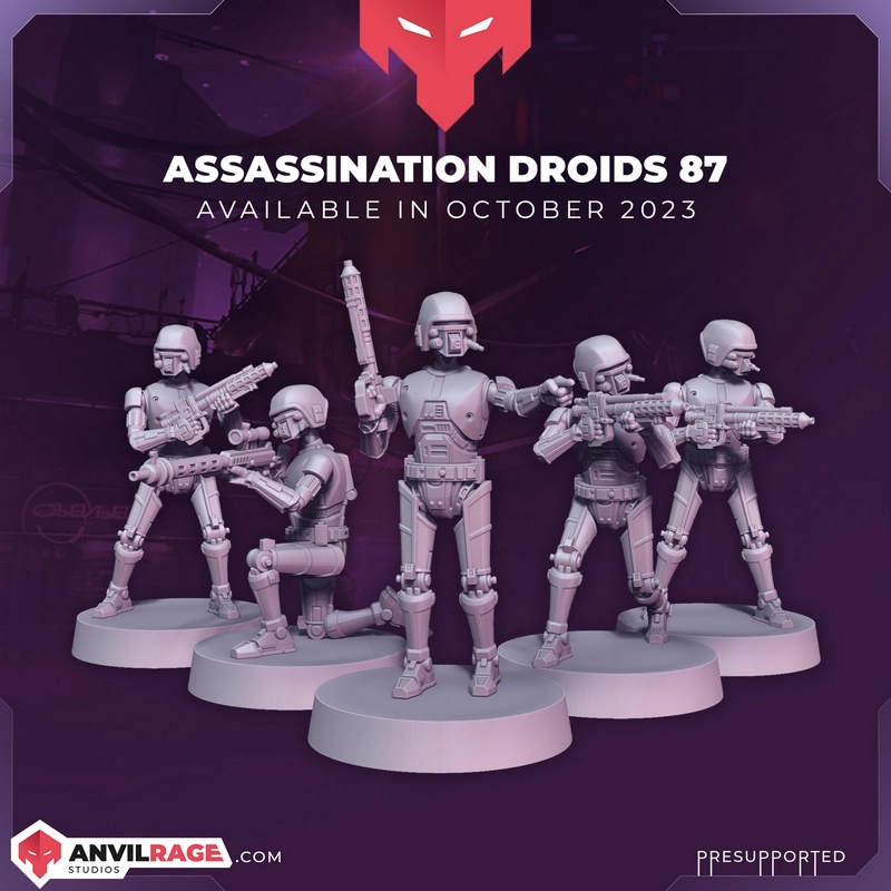 Five HK-87 assassination droid miniatures with weapons on round bases