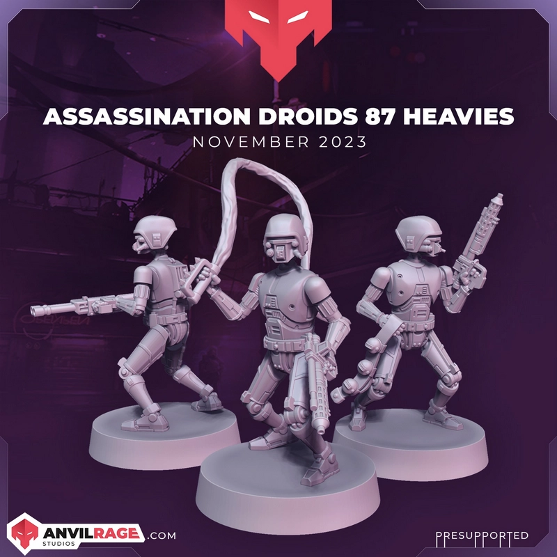 Three HK-87 heavy droid figures with weapons on round display bases