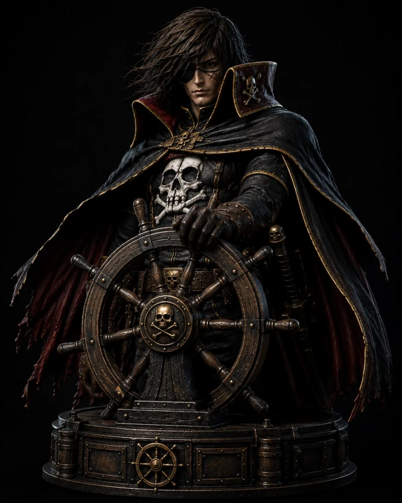 Captain Harlock statue behind a skull-emblem ship’s wheel