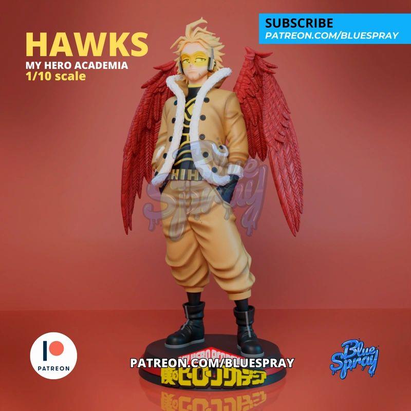 Hawks from My Hero Academia standing with large red wings