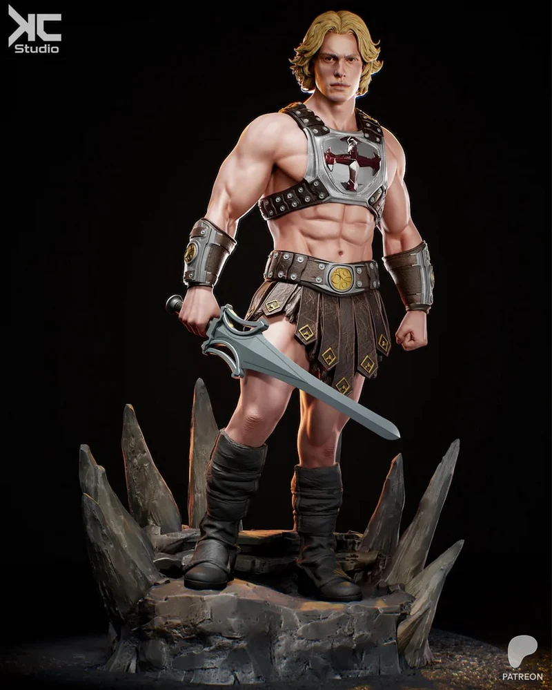 He-Man 3D model with sword, armor, and rocky crystal base