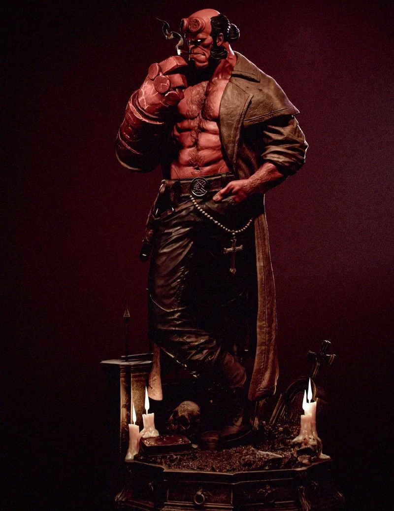 Full-body Hellboy character statue with stone hand, long coat and candlelit base