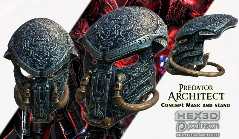 Predator-inspired Architect concept mask with a matching display stand