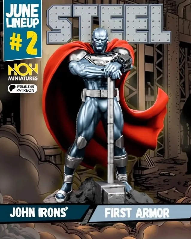Steel DC Comics figure in first armor with red cape and hammer