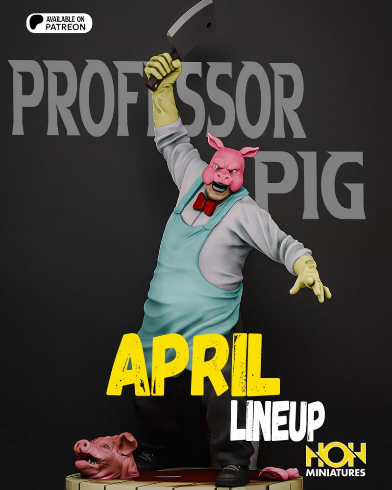 Twisted Surgeon pig character in an apron and bow tie, raising a cleaver.