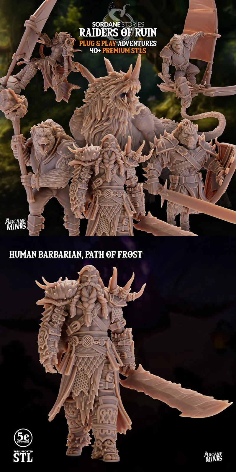 Pathfinder human barbarian miniature in fur-trimmed armor with a large sword