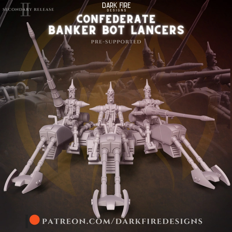 Three mounted IG-Series droids on armed armored platforms