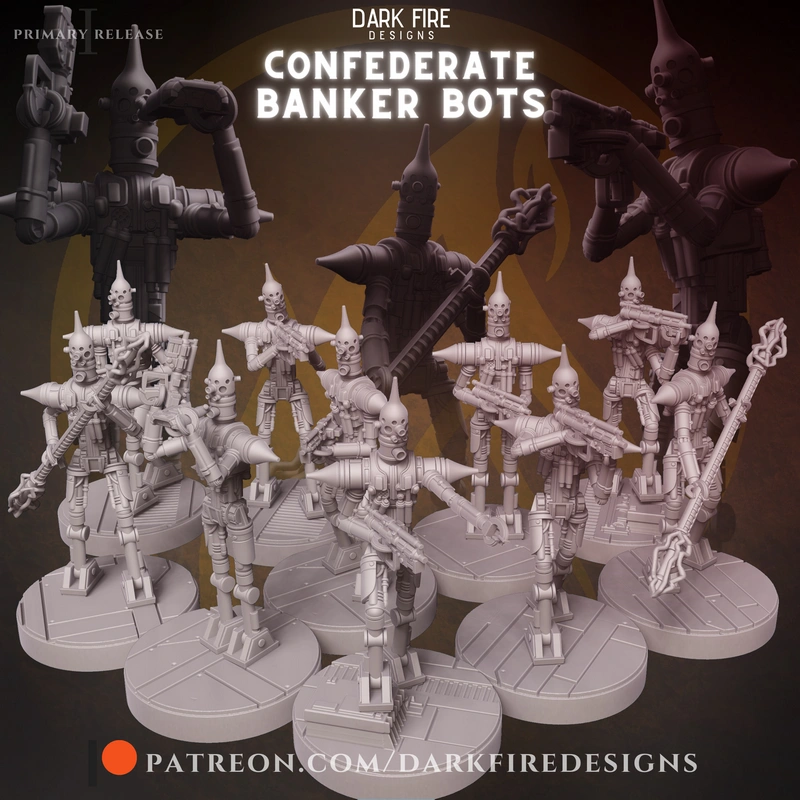 IG-Series Lancer droid squad miniatures with weapons, chains, and round display bases