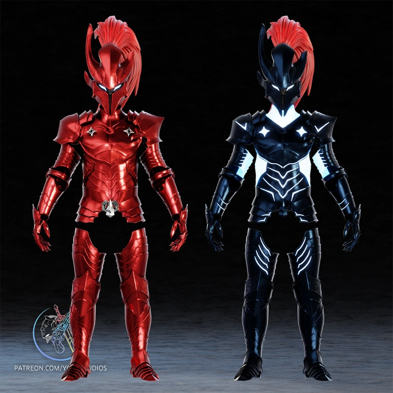 Red and black Igris knight armor designs from Solo Leveling