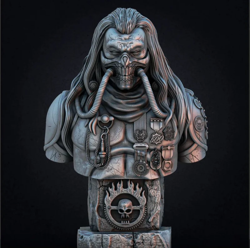 Immortan Joe Mad Max bust with skull mask, tubes, armor, and pedestal