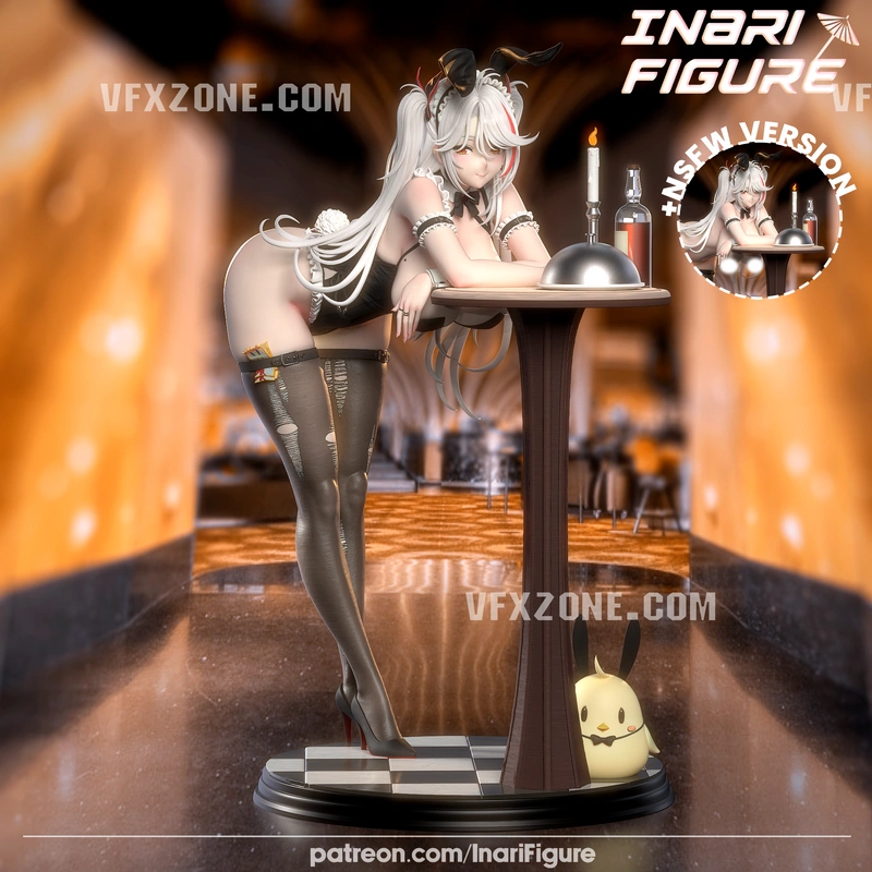 Bunny-themed Prinz Eugen anime figure from Azur Lane beside a serving table