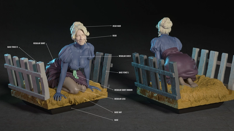 Inga from Young Frankenstein seated on a hay-filled bed behind a slatted fence