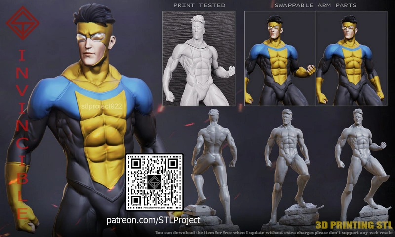 Invincible superhero 3D figure in a blue, yellow, and black costume