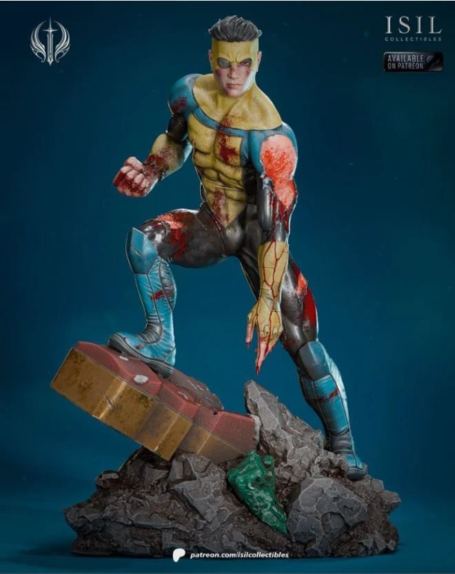 Invincible battle diorama figure standing on rubble and a damaged metal panel