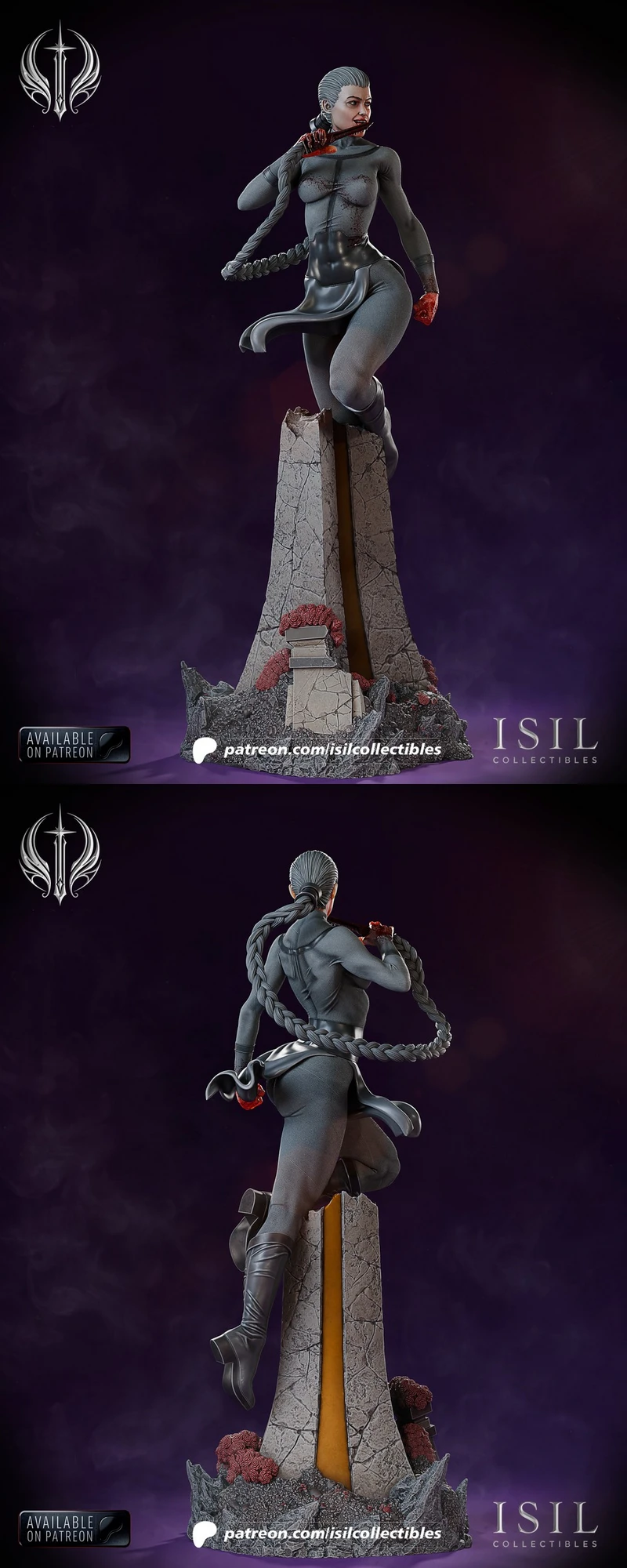 Thula from Invincible posed on a cracked stone pedestal with a long braid