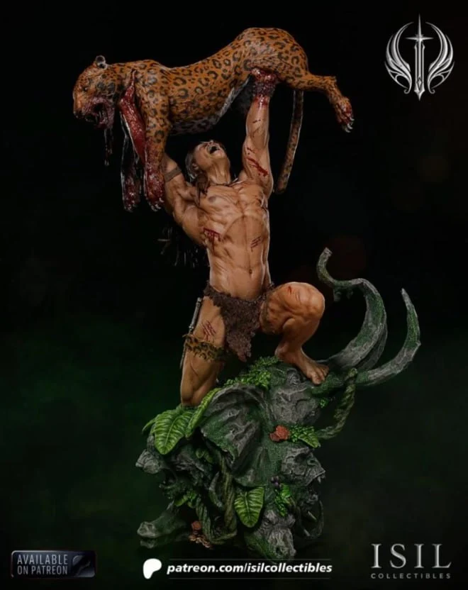 Tarzan lifting a spotted leopard above a detailed jungle statue base