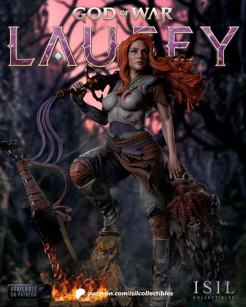 Laufey from God of War as a red-haired armored warrior holding a sword