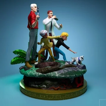 Jonny Quest adventure group with a white dog on a jungle-themed diorama base