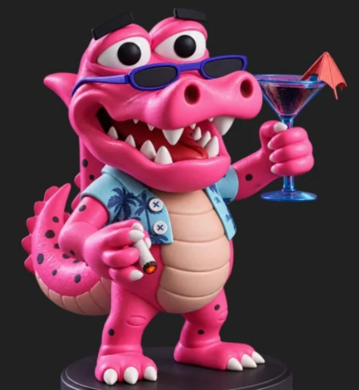 Pink cartoon dragon figurine wearing sunglasses and holding a cocktail glass