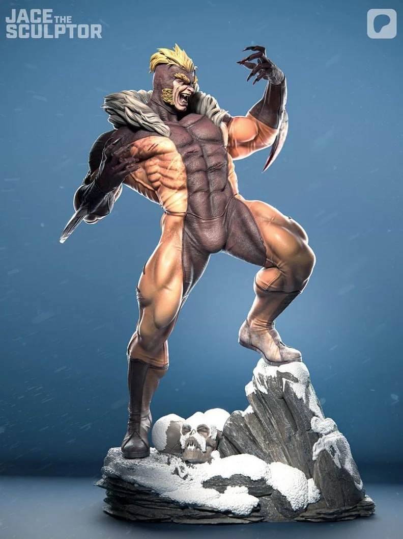 Sabretooth Marvel 3D statue with claws, fur collar, and snowy rocky base