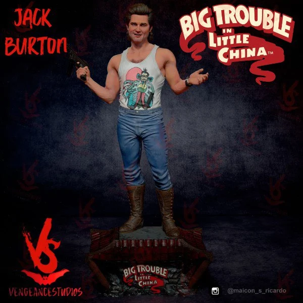Jack Burton character figure in a tank top, jeans, and boots