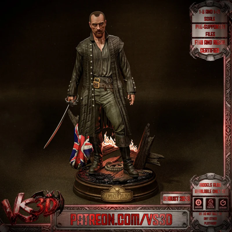 James Flint from Black Sails standing with a sword on a themed display base