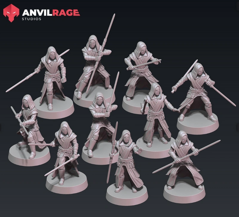Star Wars Jedi Temple Guard miniature figures with staffs and round bases