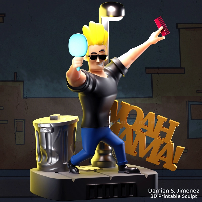 Johnny Bravo 3D model with blond hair, sunglasses, mirror, comb, and pedestal