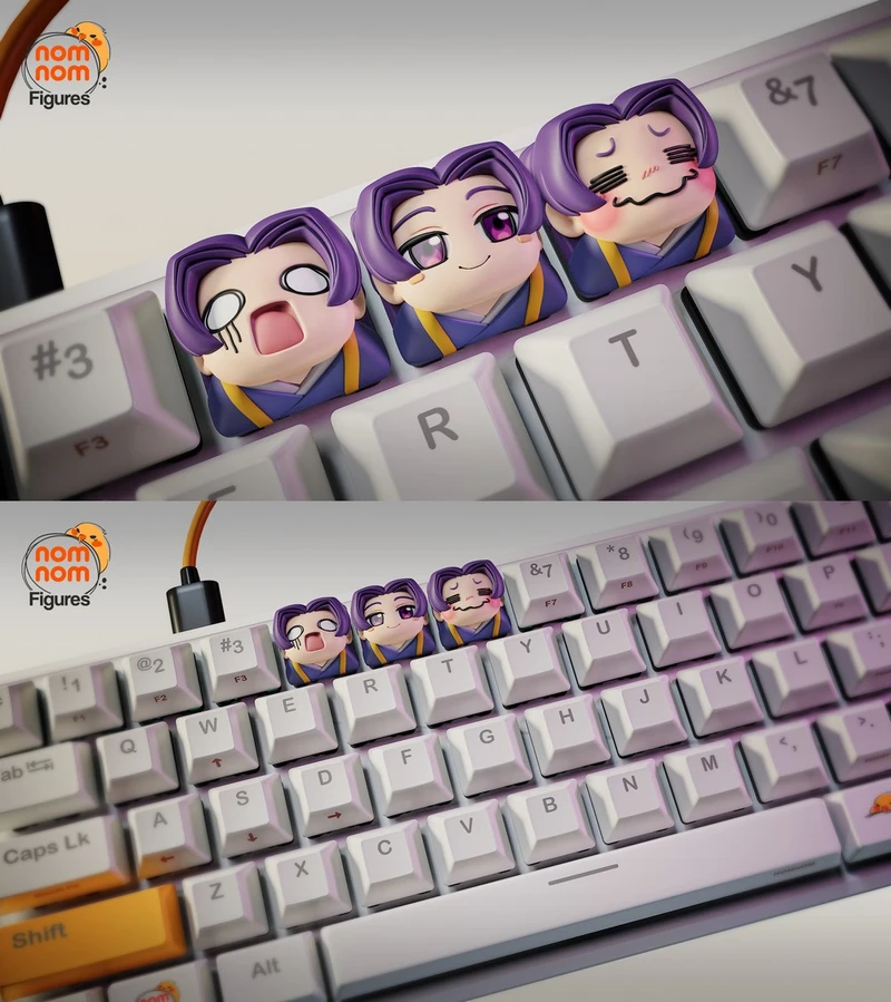 Chibi Jinshi keycap figures with purple hair on a computer keyboard