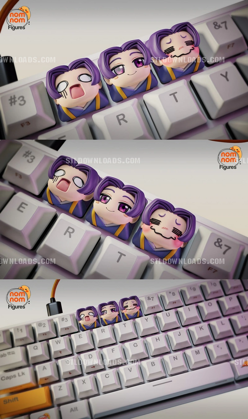 Three chibi Jinshi figures with purple hair and colorful robes on a computer keyboard