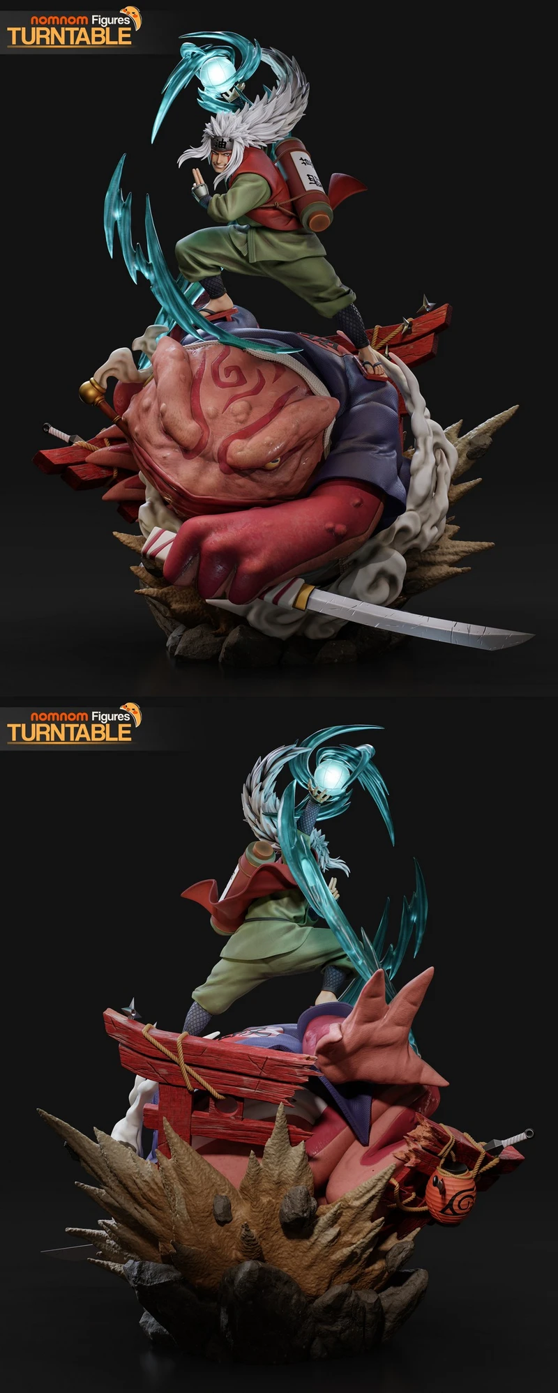 Jiraiya Naruto statue crouching above a giant pink toad with blue energy effects